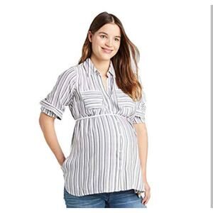 Isabel Maternity Woven Popover Tunic Green Striped XS NWT